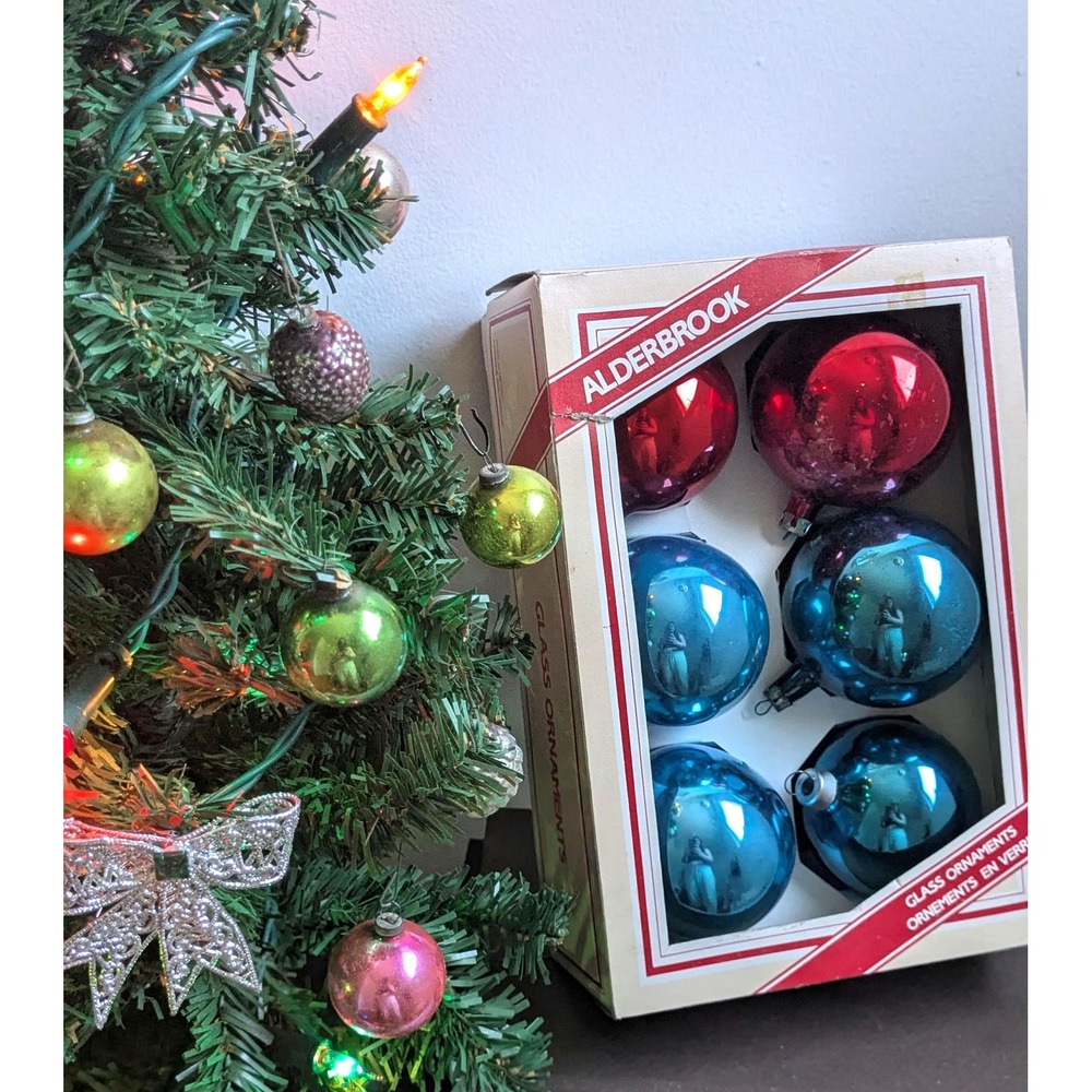 Vintage Glass Christmas Ornaments Set of 6 Red Blue Mercury Glass Balls